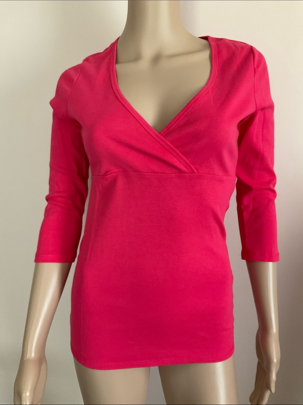 VS Tee Shop Wrap Front Watermelon Pink 3/4 Sleeve Cotton Top